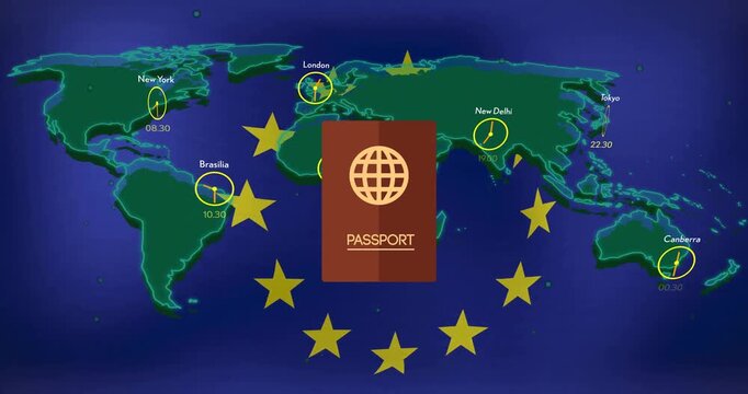 Passport animation over world map with clocks showing different time zones