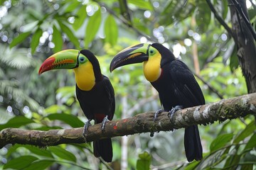 Fototapeta premium Two toucans perched on a branch in a lush green forest.