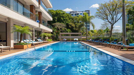 Outdoor swimming pool in a modern apartment complex. Luxury living in a high-end condo.