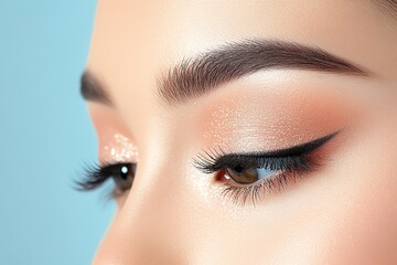 Naklejka premium Close-up of beautiful eye makeup showcasing defined eyeliner, subtle eyeshadow, and long lashes against a soft blue background.