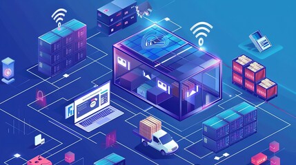 Fototapeta premium Smart Warehouse System with Automated Delivery and Connected Devices