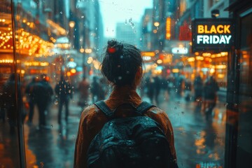Obraz premium Woman standing in the rain looking out the window, BLACK FRIDAY, Sale discount concept