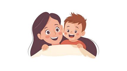 Illustration of a mother and child happily smiling together under a blanket, representing warmth, love, and the joy of parenthood.