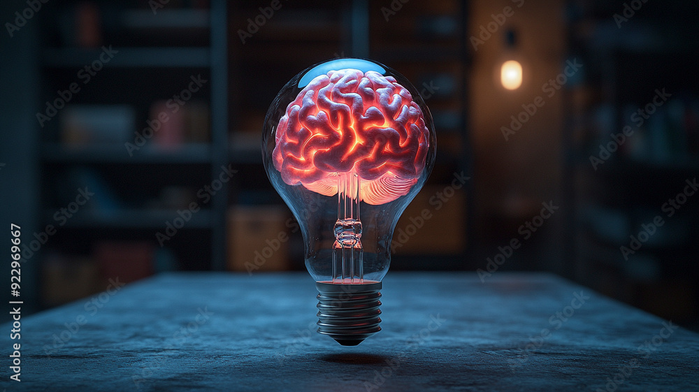 Poster a glowing brain inside a lightbulb symbolizes creativity, innovation, and intelligence. the fiery ne