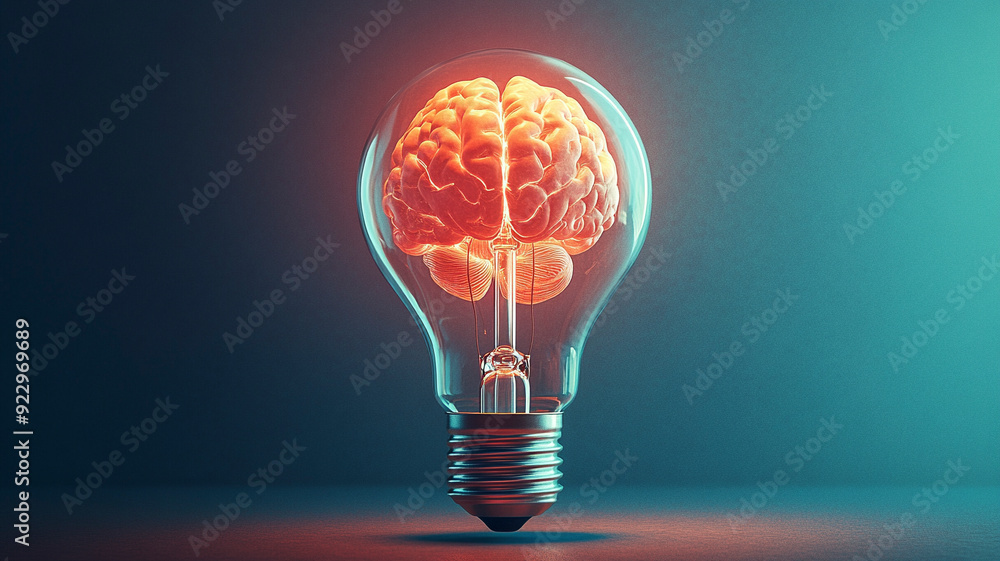 Poster a glowing brain inside a lightbulb symbolizes creativity, innovation, and intelligence. the fiery ne