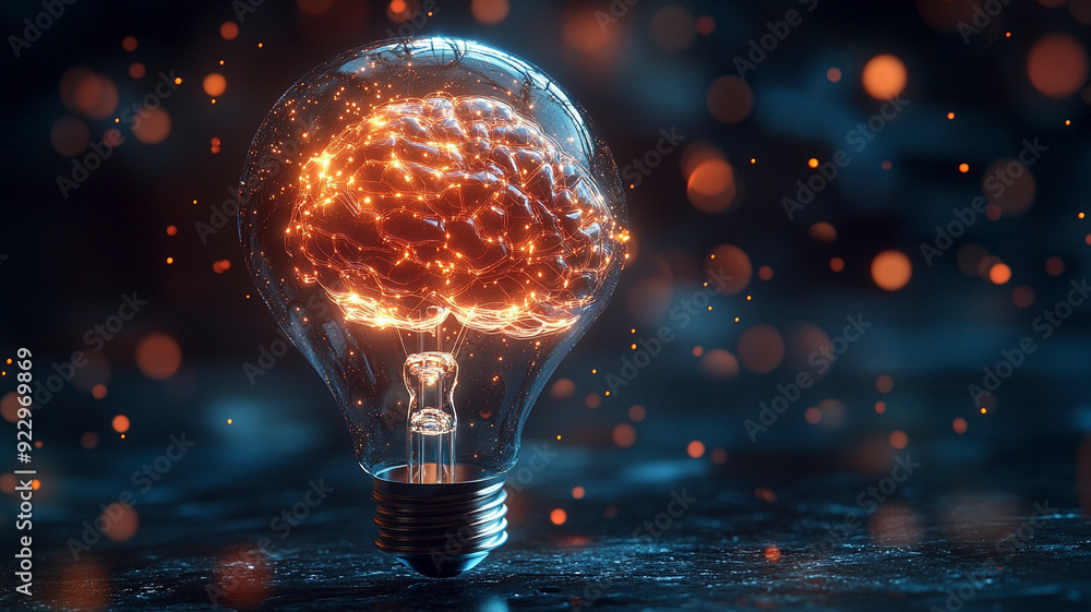 Poster a glowing brain inside a lightbulb symbolizes creativity, innovation, and intelligence. the fiery ne