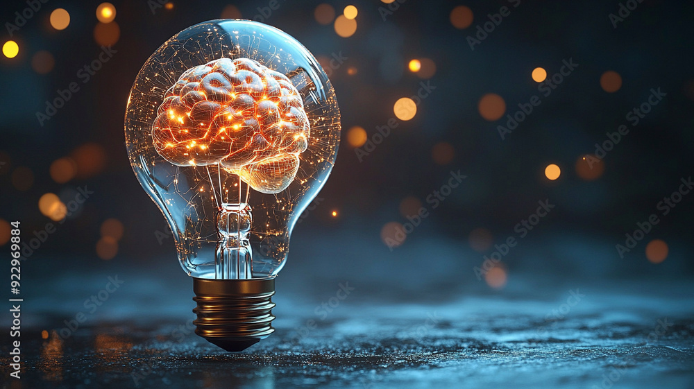 Poster a glowing brain inside a lightbulb symbolizes creativity, innovation, and intelligence. the fiery ne