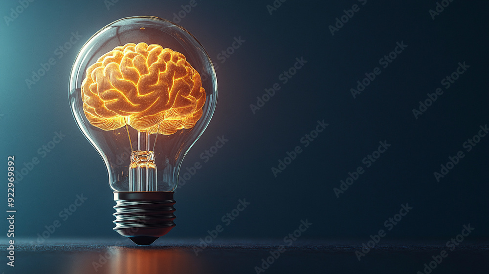 Poster a glowing brain inside a lightbulb symbolizes creativity, innovation, and intelligence. the fiery ne