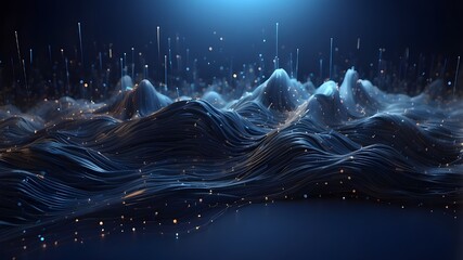 A dark Blue background with abstract digital data streams illustrates the idea of big data and cloud computing. 3D Production