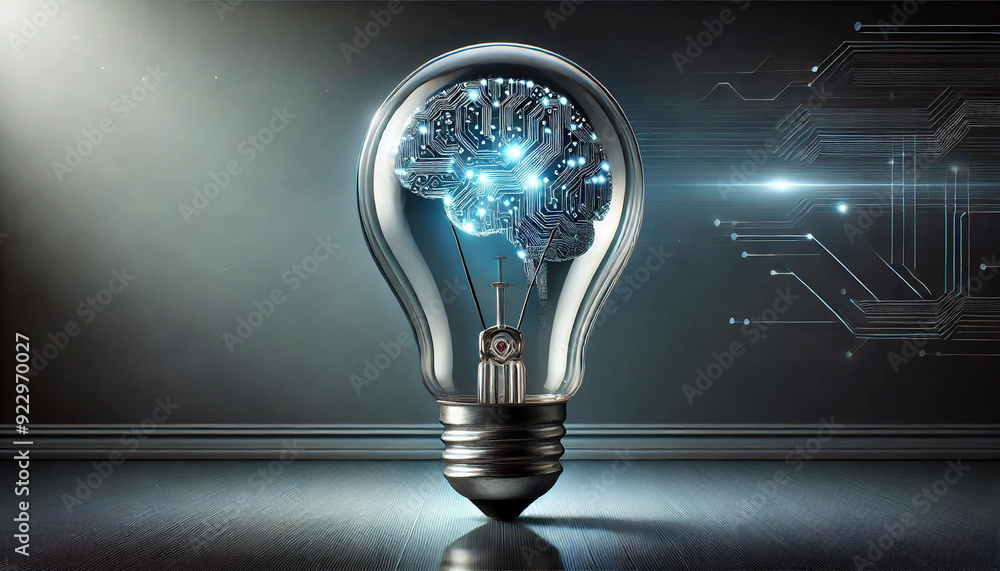 Poster a lightbulb with a glowing circuit board brain inside symbolizes the fusion of technology and intell