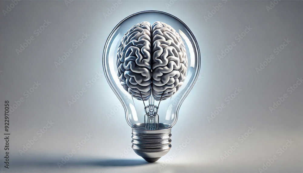 Poster a lightbulb with a realistic brain inside symbolizes the connection between intelligence and creativ