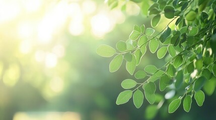 Fototapeta premium Close-up of green leaves with a blurred natural background.