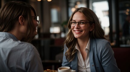 Female laughs in a conversation with man at a coffee shop 