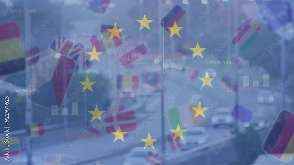 Poster european union flag animation over busy city traffic and data analysis graphics