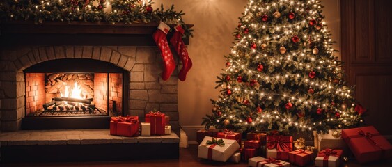 Fototapeta premium Festive Christmas Tree Fireplace Radiates Cozy Holiday Glow 