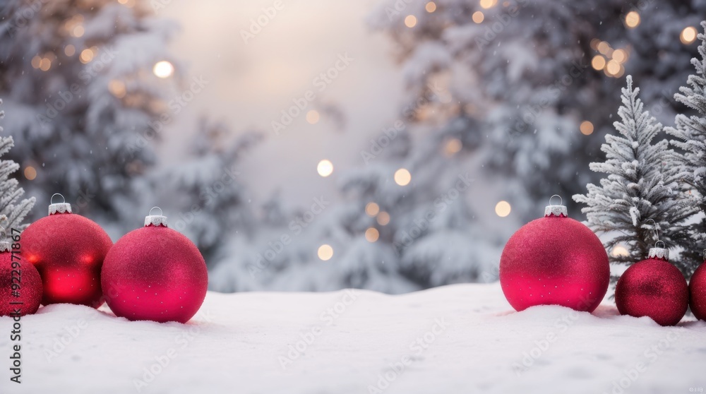 Poster festive red ornaments covered in snow in a wintry setting with gleaming lights
