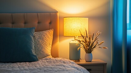  Small table lamp and comfortable bed.