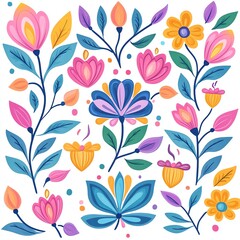 A vibrant floral pattern featuring colorful flowers and leaves, perfect for spring-themed designs and artistic projects.