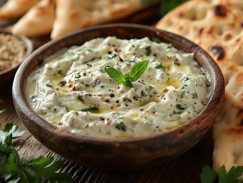 Creamy White Dip with Herbs and Bread - Food Photography