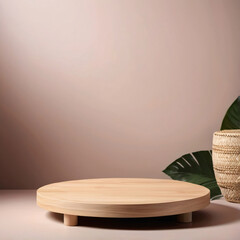 wood podium for display product. Background for cosmetic product branding, identity and packaging inspiration 1:1
