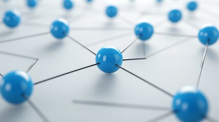 3D network concept with blue spheres connected by black lines on a white background