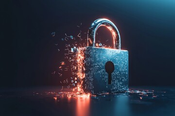 A cracked padlock icon with information leaking out, representing a data breach. 