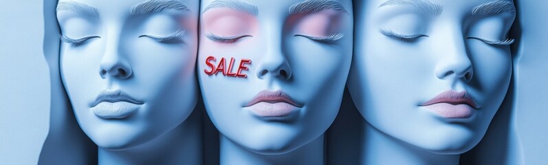 Three mannequin heads with sale signs on them with closed eyes, Sale discount concept