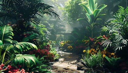 Fototapeta premium Beautiful tropical botanical garden with flowers and plants