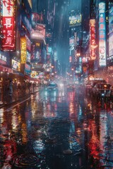 Obraz premium Rainy Night in a Neon-Lit City Street