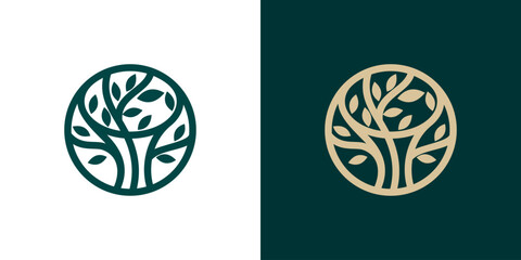 Minimal Tree in the circle icon logo vector. Tree branch plant abstract leaves