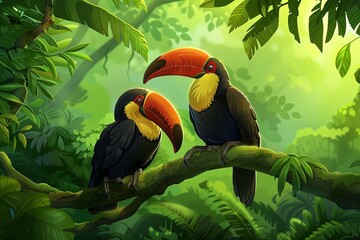 Two toucans with large beaks perched on a branch in a lush green jungle.