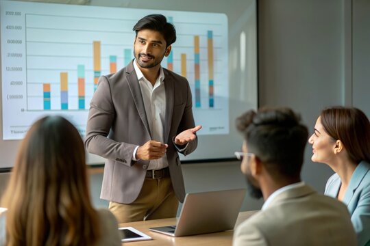 An Indian financial analyst presenting data insights or reports to a group, often using a projector or screen.

