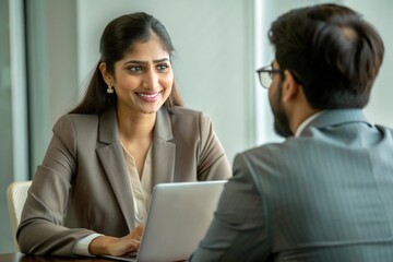 Obraz premium An Indian woman financial advisor meeting with a client, providing financial advice or solutions in a professional setting. 