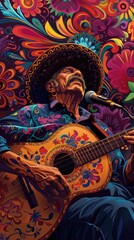 A musician sings and plays guitar, surrounded by colorful floral patterns, capturing the essence of traditional music