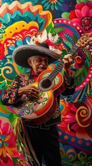 An elderly man in a decorated outfit strums a guitar while standing in front of a vivid floral background
