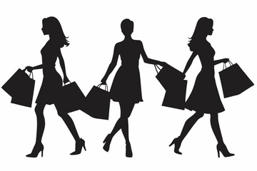 Shopping girl silhouette set. woman holding shopping bag silhouette vector black on isolated on a white background