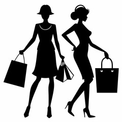 Shopping girl silhouette set. woman holding shopping bag silhouette vector black on isolated on a white background