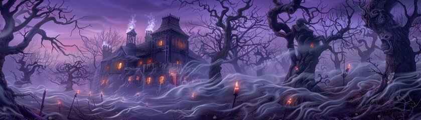 Mysterious Haunted House in a Foggy Forest