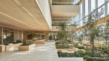 Fototapeta premium Modern office with a rooftop garden, natural light, and open spaces, highlighting the use of biophilic design to enhance employee well-being