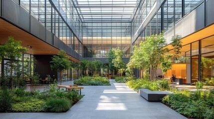 Modern office with a rooftop garden, natural light, and open spaces, highlighting the use of biophilic design to enhance employee well-being