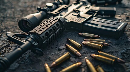 Naklejka premium AR 15 with ammunition laying near it