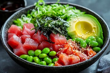 Delicious Poke Bowl with Tuna, Avocado, Edamame, and Seaweed - Photo