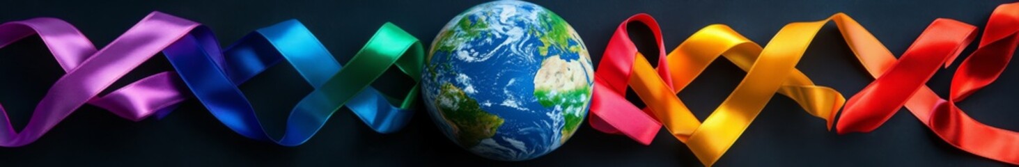 Fototapeta premium Global Awareness Unity: A Circle of Colorful Ribbons with a Globe at the Center, A Bird's-Eye View of International Solidarity.