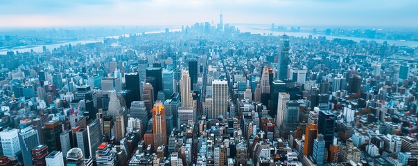 Aerial view of a large city with many skyscrapers.