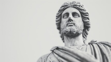 Close-up of a marble statue of a man with a beard, looking up
