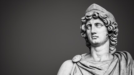 Render an imposing statue in dramatic monochrome from a low-angle perspective