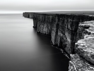Black and white photo of a dramatic cliff face overlooking the sea.