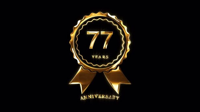 77th Anniversary Celebration. Happy 77 Years Anniversary Animation in Gold Color on the Transparent Background, Alpha Channel. Great for greetings, celebrations, events, and gifts.