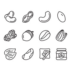 Nuts line icons set. Hazelnuts, Almonds, Peanut Butter and Peanuts.