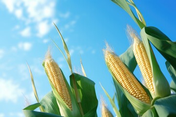 Corn plantation field with blue sky in sunny summer day. Corn cultivation. Cereal plant, animal feed. Farming and agricultural industry concept